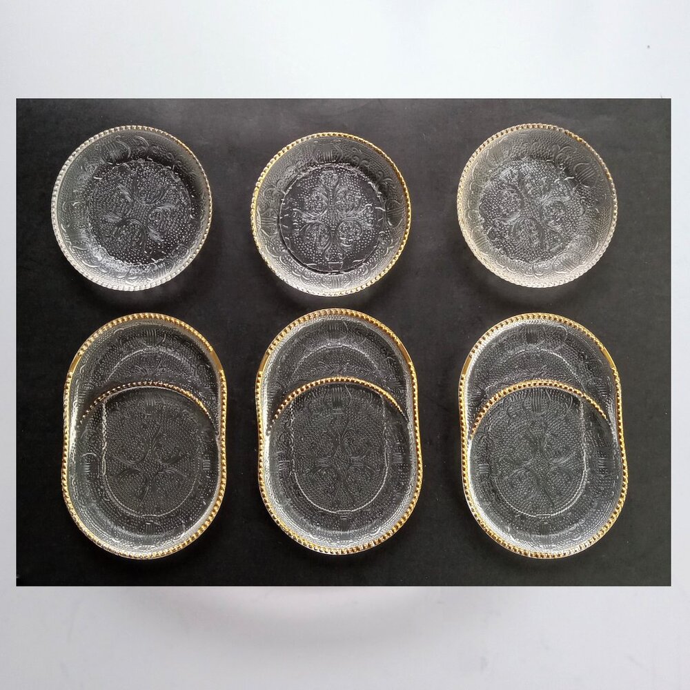VTG Depression Jeannette Glass Harp Beaded Set of 6 Coasters Pats Sauce Dishes